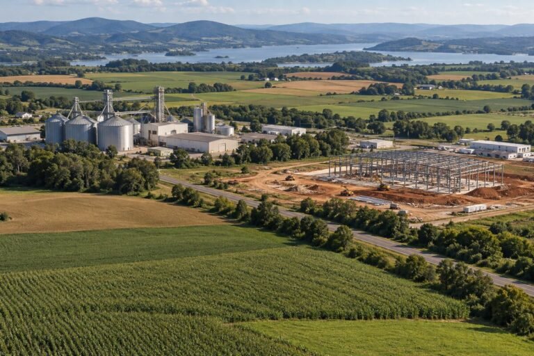 Vista de planta industrial em região agrícola