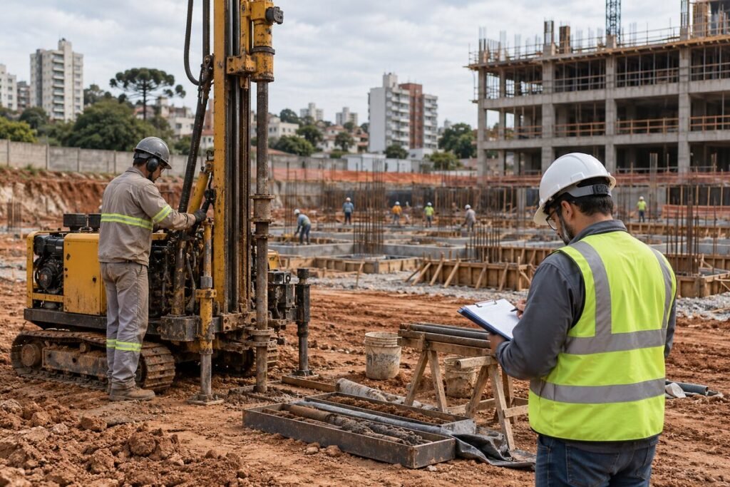 Equipe executa sondagem em área de edificação