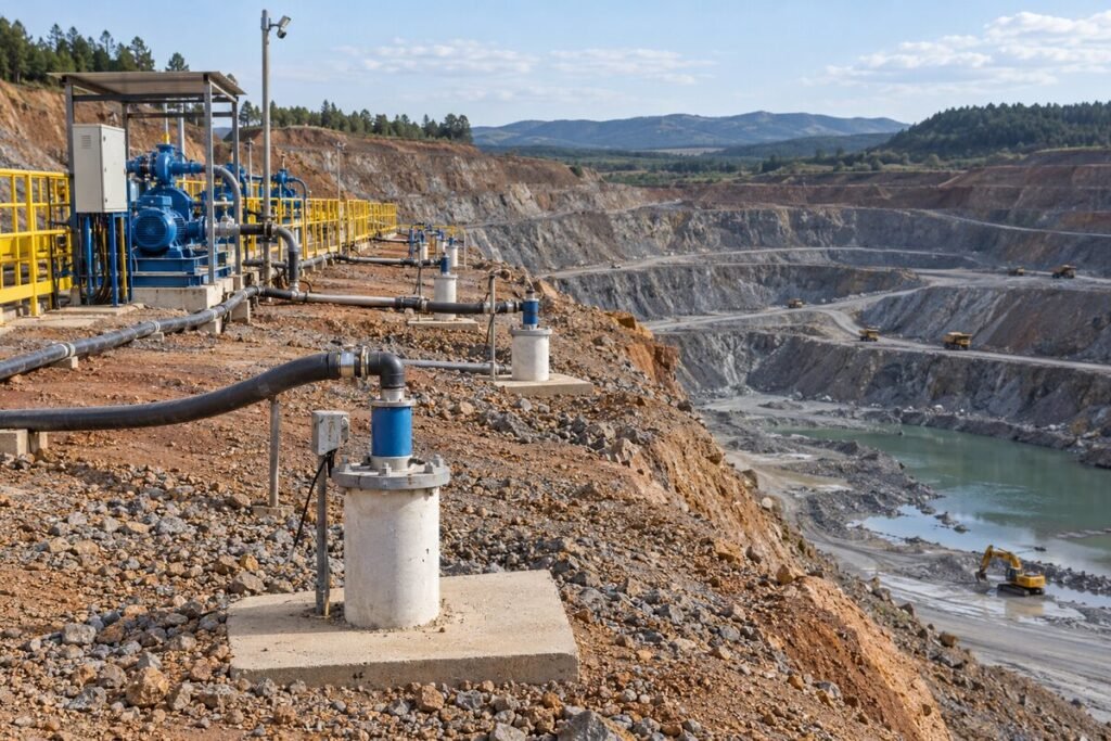 Área de mineração com sistema de controle da água subterrânea