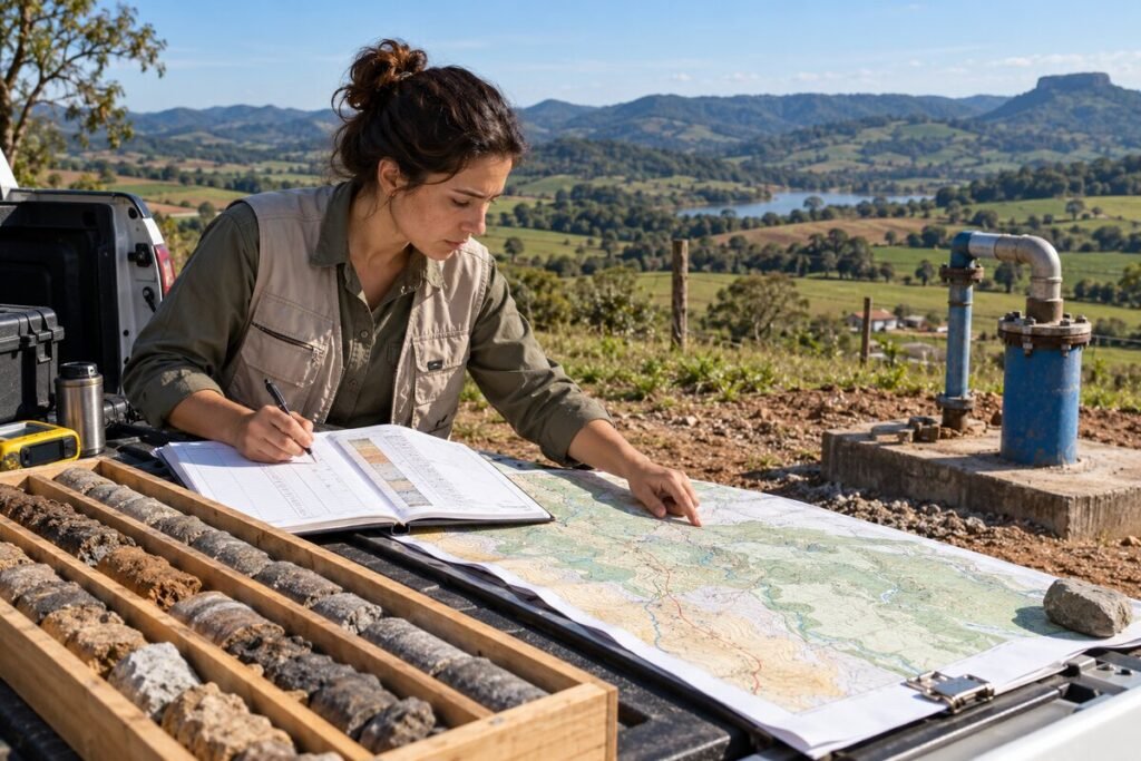 Especialista avalia dados hidrogeológicos em campo