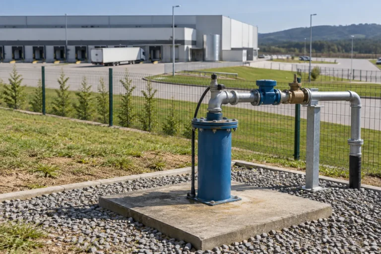 Poço tubular e tubulação em instalação industrial ilustrativa